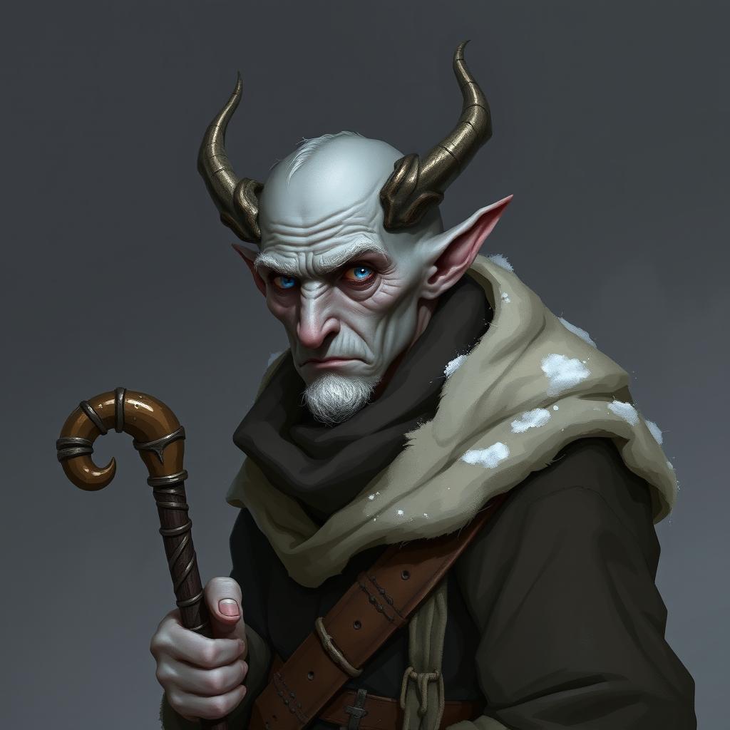 Create D&D character art of a gaunt and sallow mid-20s old grey-skinned male tiefling with short horns and short hair