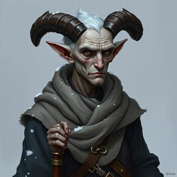 Create D&D character art of a gaunt and sallow mid-20s old grey-skinned male tiefling with short horns and short hair