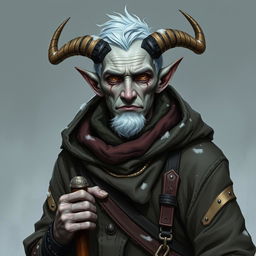 Create D&D character art of a gaunt and sallow mid-20s old grey-skinned male tiefling with short horns and short hair