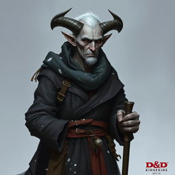 Create D&D character art of a gaunt and sallow mid-20s old grey-skinned male tiefling with short horns and short hair