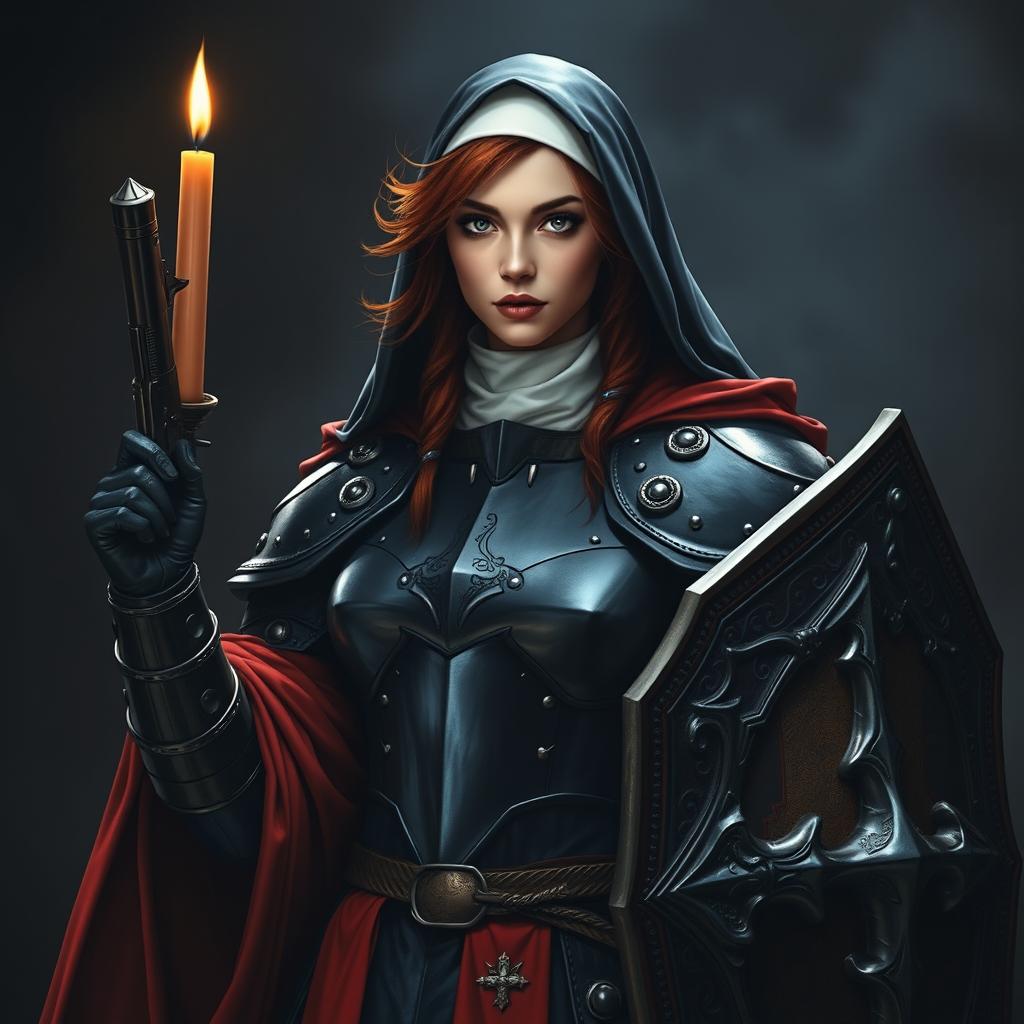 A female nun clad in heavy black metallic armor, adorned with red robes and candles