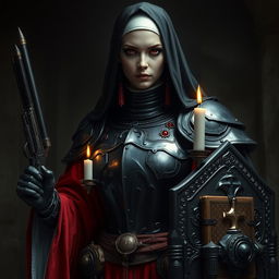 A female nun clad in heavy black metallic armor, adorned with red robes and candles