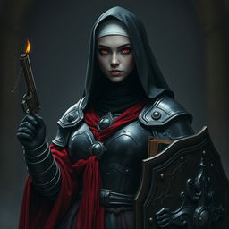 A female nun clad in heavy black metallic armor, adorned with red robes and candles