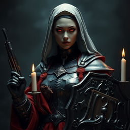 A female nun clad in heavy black metallic armor, adorned with red robes and candles