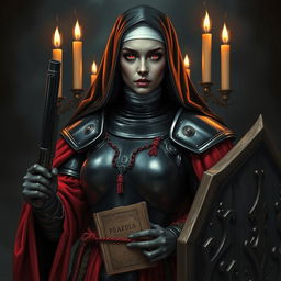 A female nun clad in heavy black metallic armor, adorned with red robes and candles