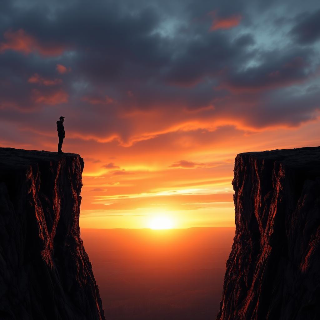 A serene and thought-provoking image depicting two people standing on opposite sides of a deep chasm, symbolizing the emotional and physical distance between them