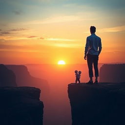 A serene and thought-provoking image depicting two people standing on opposite sides of a deep chasm, symbolizing the emotional and physical distance between them