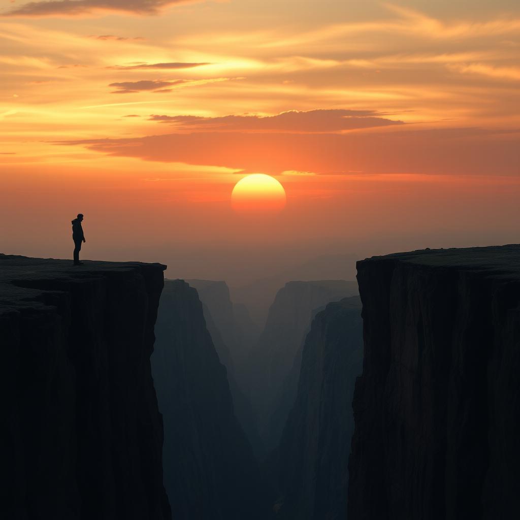 A serene and thought-provoking image depicting two people standing on opposite sides of a deep chasm, symbolizing the emotional and physical distance between them