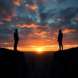 A serene and thought-provoking image depicting two people standing on opposite sides of a deep chasm, symbolizing the emotional and physical distance between them