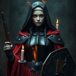 A female nun clad in heavy black metallic armor, adorned with red robes and candles