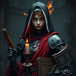 A female nun clad in heavy black metallic armor, adorned with red robes and candles