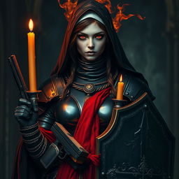 A female nun clad in heavy black metallic armor, adorned with red robes and candles