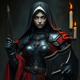 A female nun clad in heavy black metallic armor, adorned with red robes and candles