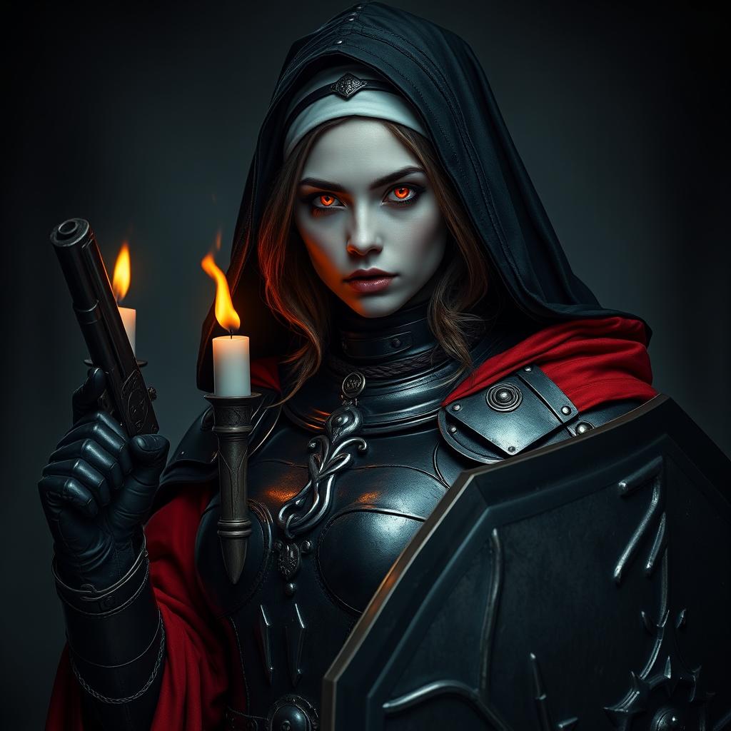 A female nun clad in heavy black metallic armor, adorned with red robes and candles