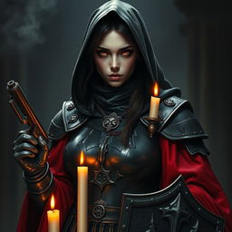 A female nun clad in heavy black metallic armor, adorned with red robes and candles