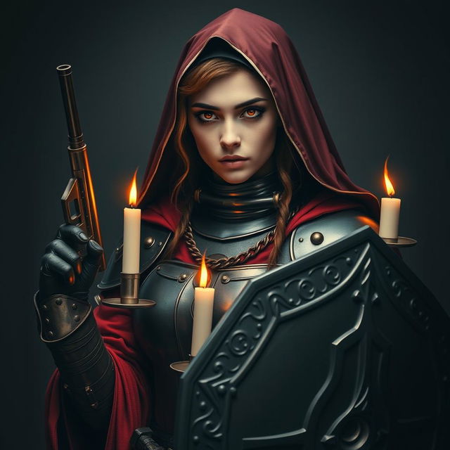 A female nun clad in heavy black metallic armor, adorned with red robes and candles