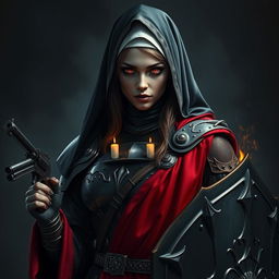 A female nun clad in heavy black metallic armor, adorned with red robes and candles