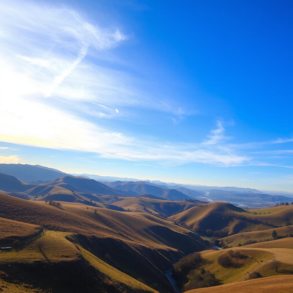 A beautiful landscape with rolling hills, a clear blue sky, and a vibrant sunset