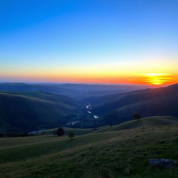 A beautiful landscape with rolling hills, a clear blue sky, and a vibrant sunset