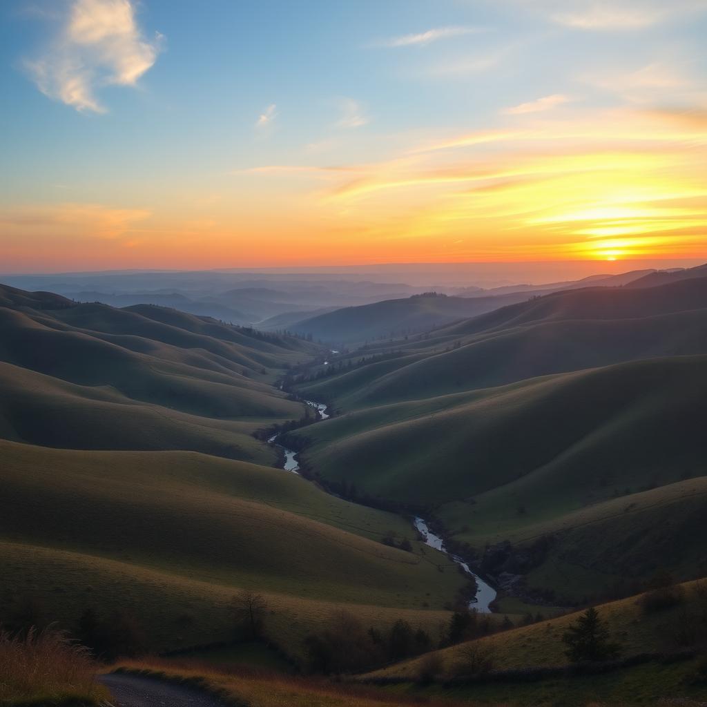 A beautiful landscape with rolling hills, a clear blue sky, and a vibrant sunset