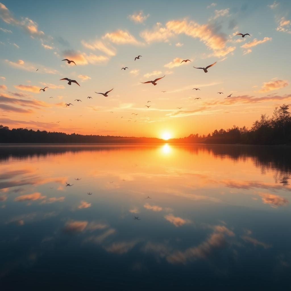 Create an image of a beautiful sunrise over a serene lake, with birds flying in the sky and trees reflecting in the water