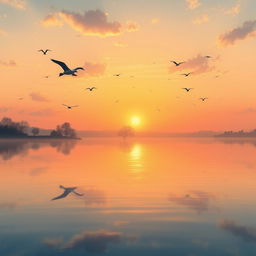 Create an image of a beautiful sunrise over a serene lake, with birds flying in the sky and trees reflecting in the water