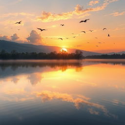 Create an image of a beautiful sunrise over a serene lake, with birds flying in the sky and trees reflecting in the water