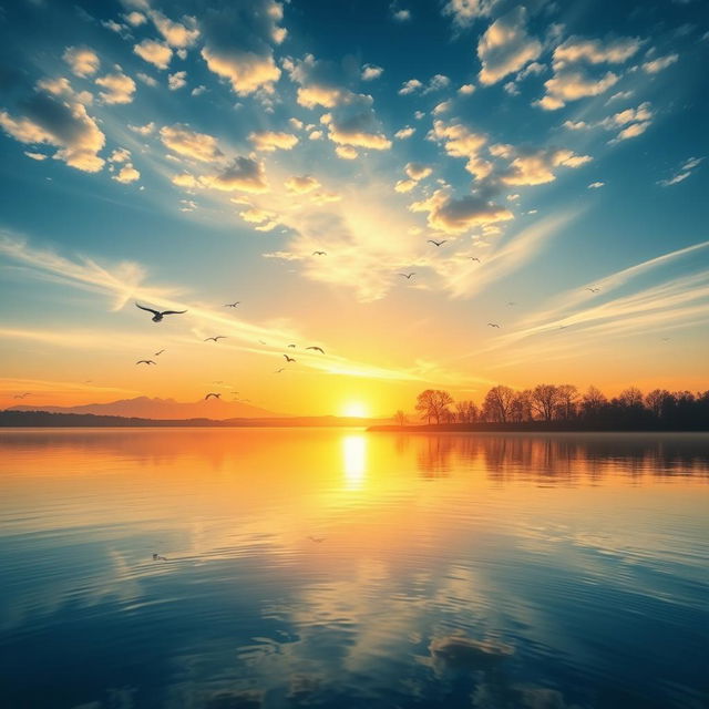 Create an image of a beautiful sunrise over a serene lake, with birds flying in the sky and trees reflecting in the water