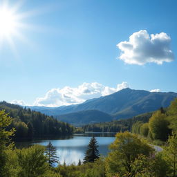 A serene and beautiful landscape featuring a calm lake surrounded by lush green trees and mountains in the background