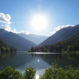 A serene and beautiful landscape featuring a calm lake surrounded by lush green trees and mountains in the background