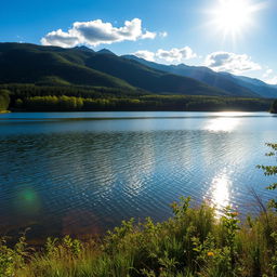 A serene and beautiful landscape featuring a calm lake surrounded by lush green trees and mountains in the background