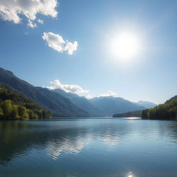 A serene and beautiful landscape featuring a calm lake surrounded by lush green trees and mountains in the background