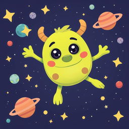 A cute and friendly monster floating in outer space, surrounded by twinkling stars and colorful planets