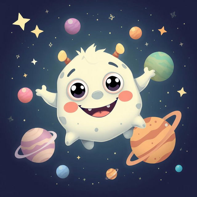 A cute and friendly monster floating in outer space, surrounded by twinkling stars and colorful planets