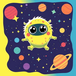 A cute and friendly monster floating in outer space, surrounded by twinkling stars and colorful planets