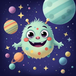 A cute and friendly monster floating in outer space, surrounded by twinkling stars and colorful planets