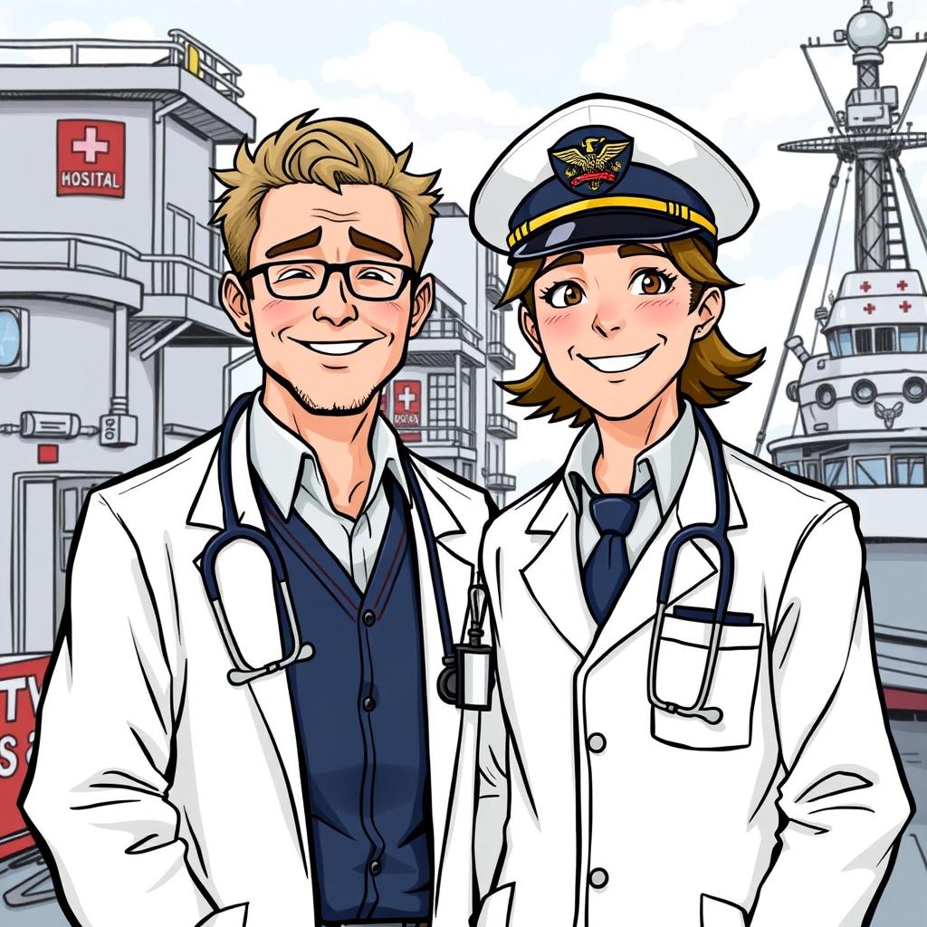 A detailed illustration featuring a doctor and a captain standing side by side