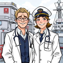 A detailed illustration featuring a doctor and a captain standing side by side