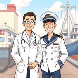 A detailed illustration featuring a doctor and a captain standing side by side