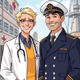 A detailed illustration featuring a doctor and a captain standing side by side