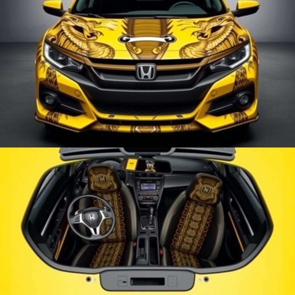 A yellow Honda Civic covered in a cobra wrap, with the upper section of the frame showcasing the front side of the car, displaying a menacing cobra design on the hood and grille, and the lower section showing the interior, where cobra details are integrated into the seats and dashboard