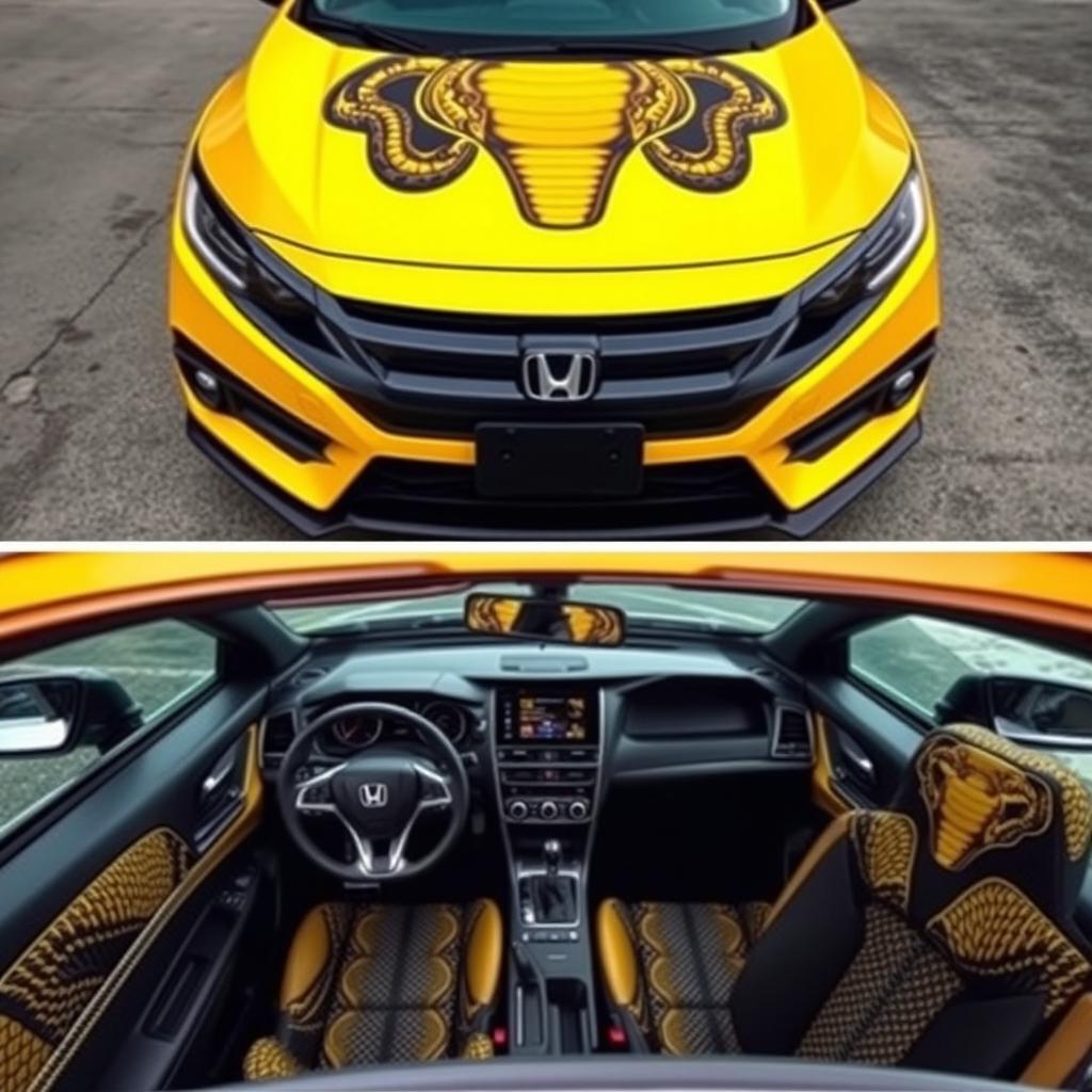 A yellow Honda Civic covered in a cobra wrap, with the upper section of the frame showcasing the front side of the car, displaying a menacing cobra design on the hood and grille, and the lower section showing the interior, where cobra details are integrated into the seats and dashboard