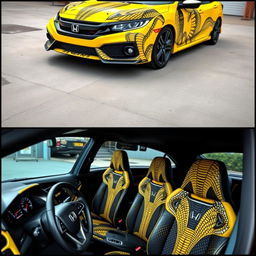 A yellow Honda Civic covered in a cobra wrap, with the upper section of the frame showcasing the front side of the car, displaying a menacing cobra design on the hood and grille, and the lower section showing the interior, where cobra details are integrated into the seats and dashboard