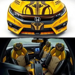 A yellow Honda Civic covered in a cobra wrap, with the upper section of the frame showcasing the front side of the car, displaying a menacing cobra design on the hood and grille, and the lower section showing the interior, where cobra details are integrated into the seats and dashboard