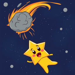 A cartoonish star character getting hit by a meteor in outer space