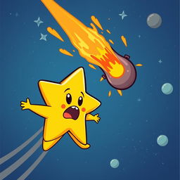 A cartoonish star character getting hit by a meteor in outer space