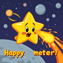 A cartoonish star character getting hit by a meteor in outer space