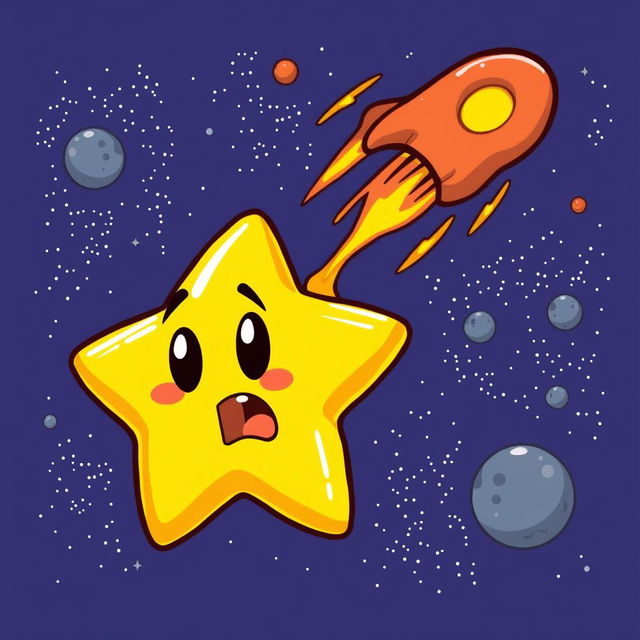 A cartoonish star character getting hit by a meteor in outer space