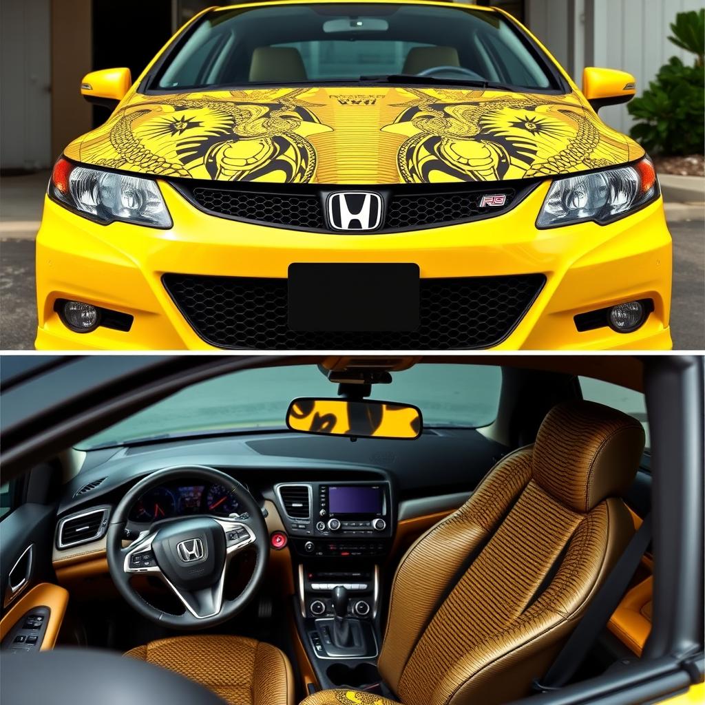 A yellow Honda Civic with a cobra-themed wrap, where the upper part of the frame shows the front side of the car, adorned with intricate cobra patterns, including the grille and headlights, while the lower part reveals the interior, with subtle cobra designs on the dashboard and seats