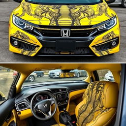 A yellow Honda Civic with a cobra-themed wrap, where the upper part of the frame shows the front side of the car, adorned with intricate cobra patterns, including the grille and headlights, while the lower part reveals the interior, with subtle cobra designs on the dashboard and seats